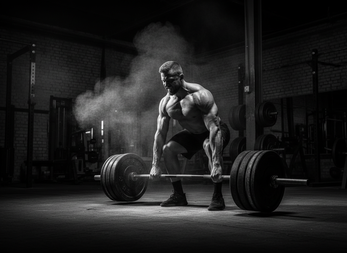 Athlete lifting a loaded barbell in a moody dark gym